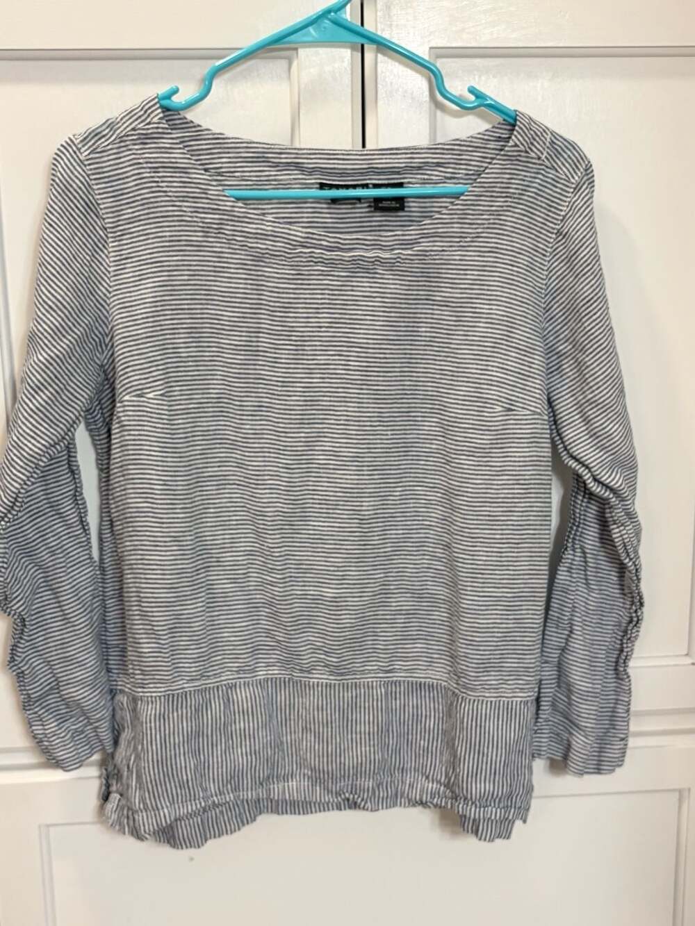 Tahari Blue White Striped 100% Linen Boat Neck Long Sleeve Nautical Blouse  M